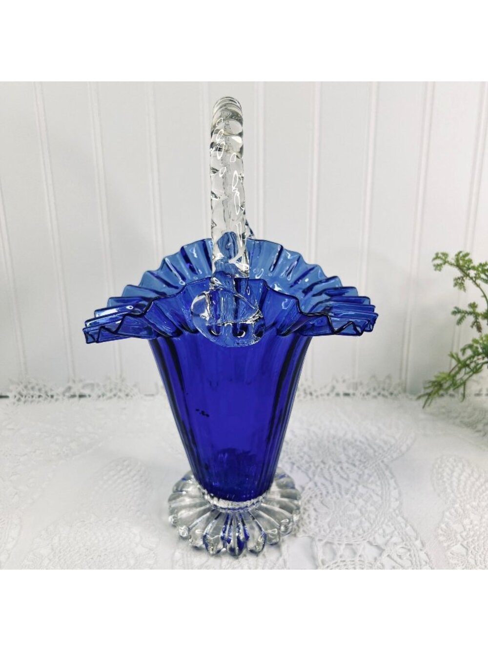 Vintage Cobalt Blue Glass Basket Clear Twisted Rope Handle & Ruffled Edge
